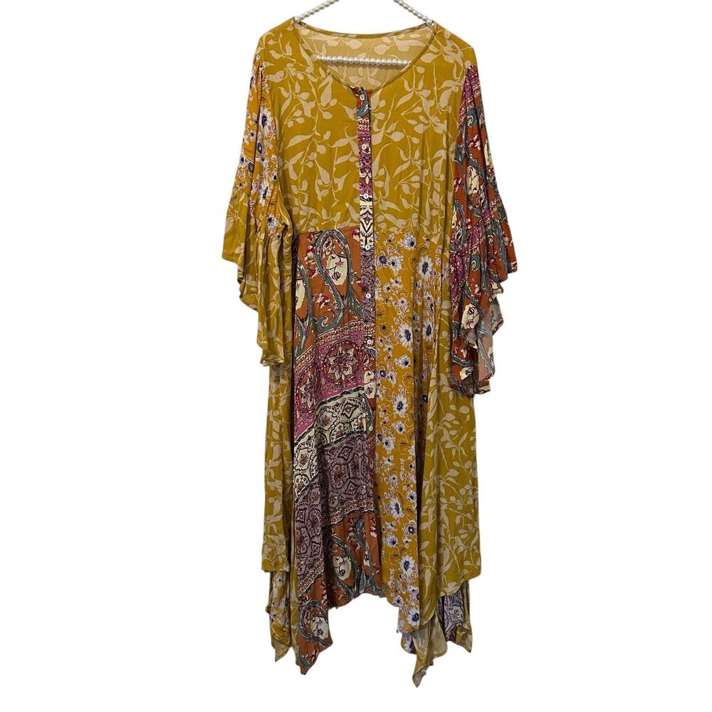 Boho Patchwork Midi Dress Womens 2XL Floral Paisley Handkerchief Hem Flowy Summe
